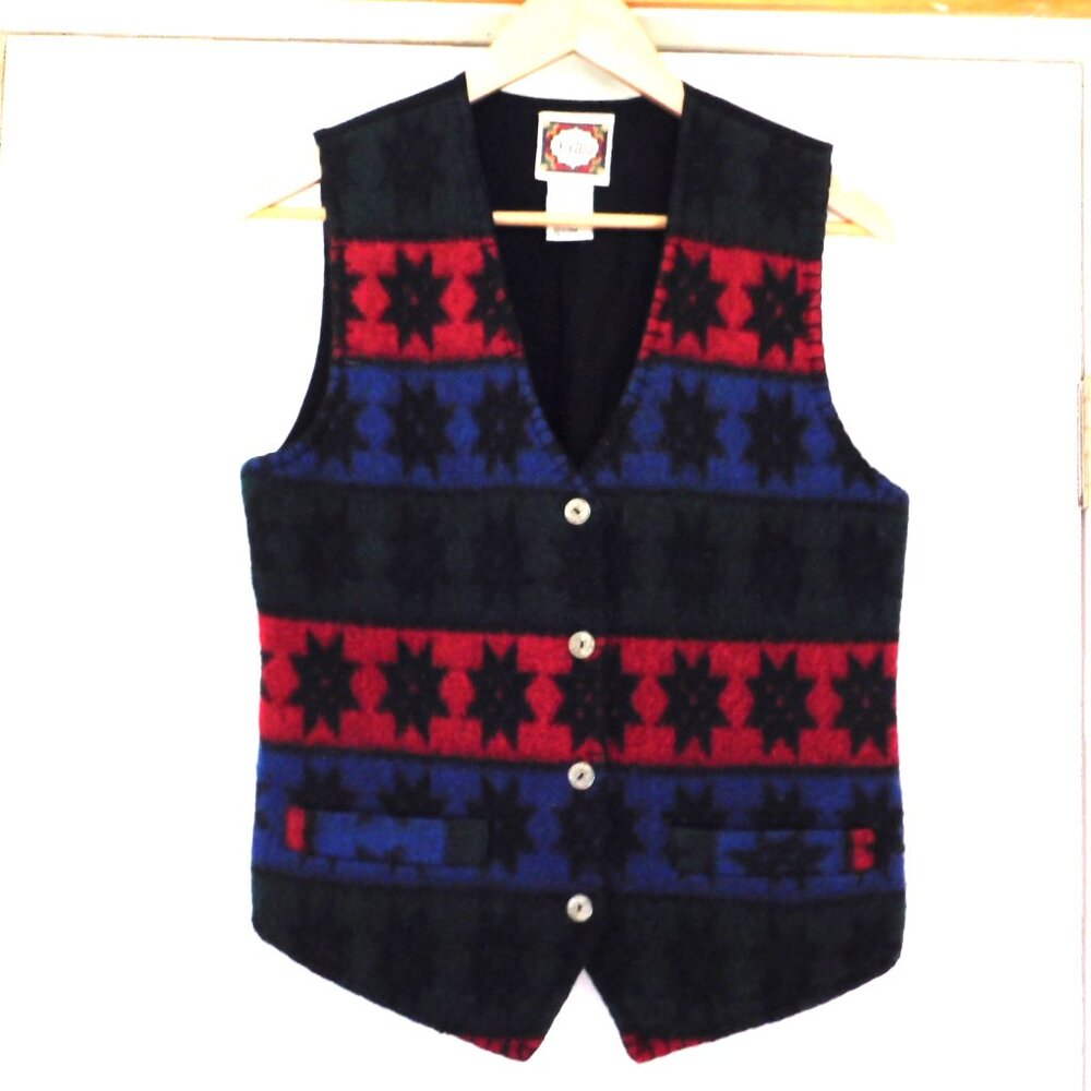Vintage 90s Wool Blanket Vest Womens S Blue Red Stars Southwestern Aztec Boho